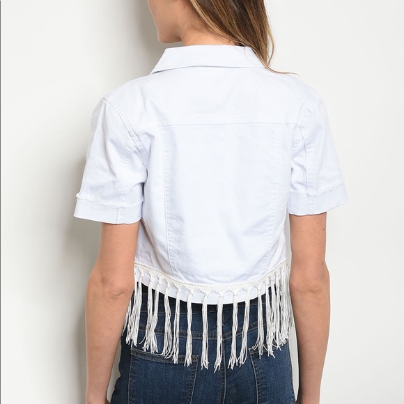 NEW! Short Sleeved White Denim Jacket with Fringe - Picture 3 of 7